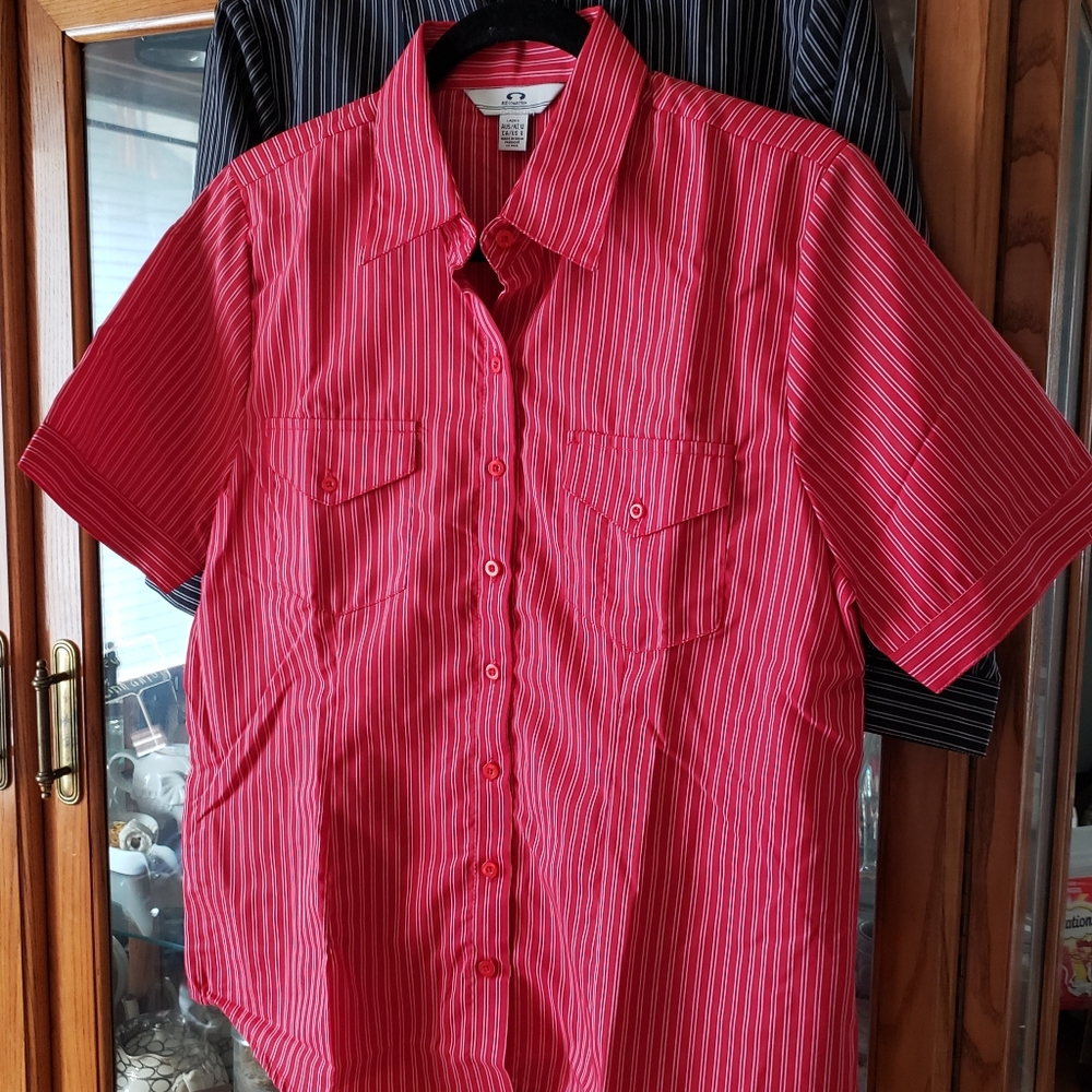 Womens short sleeve pinstriped red shirt
